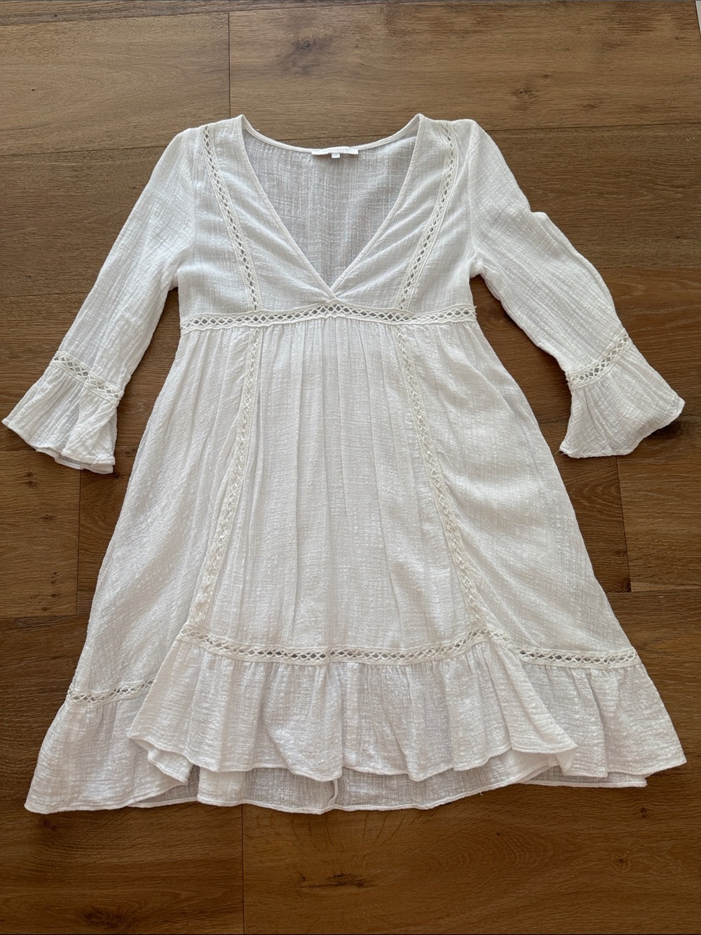 Olivaceous Cream V-Neck Lace-Trim Tiered Babydoll Dress - Picture 2 of 4
